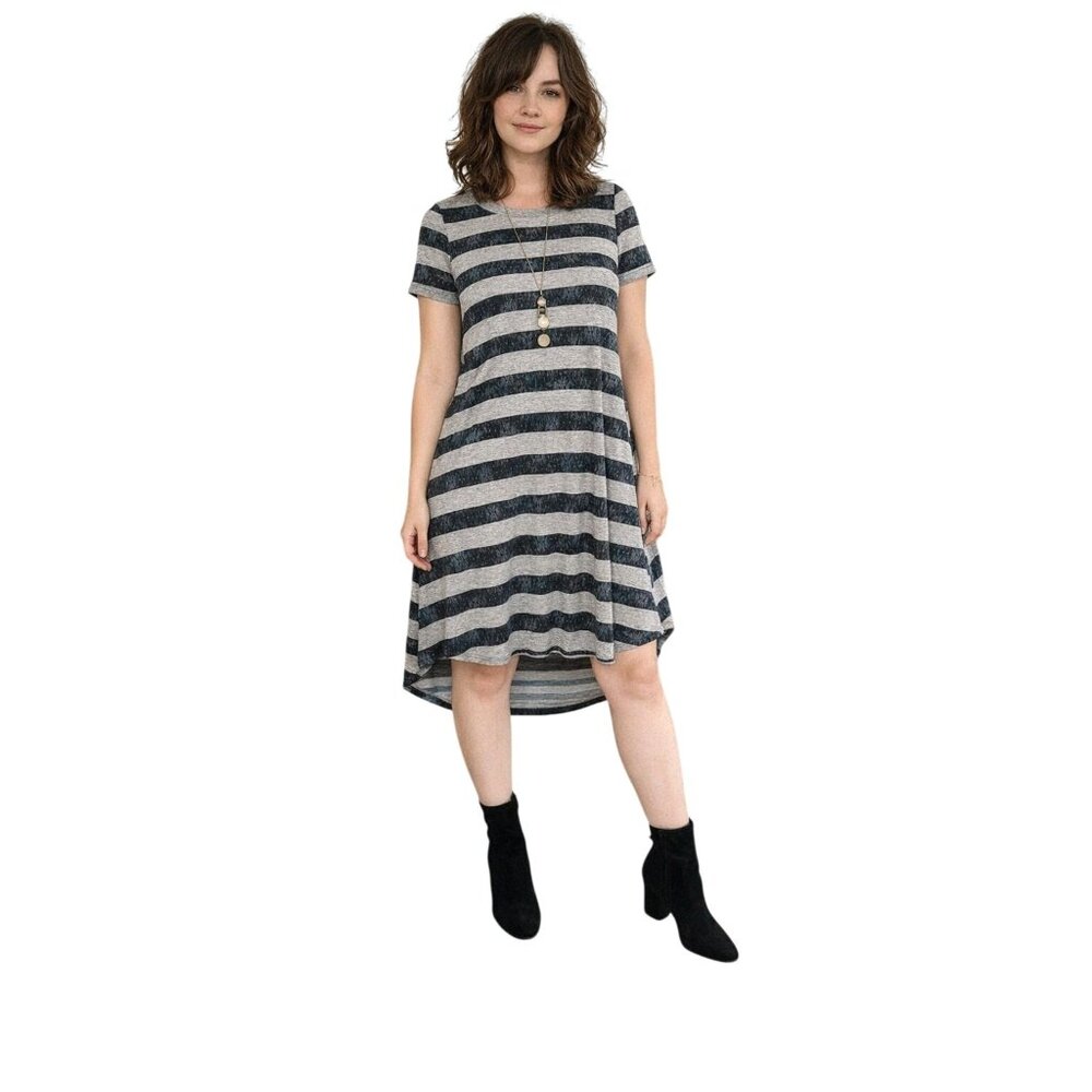 LuLaRoe Carly Striped Short Sleeve High-Low Dress Gray & Teal Comfortable Small